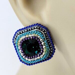 Blue Green Teal Square Earrings